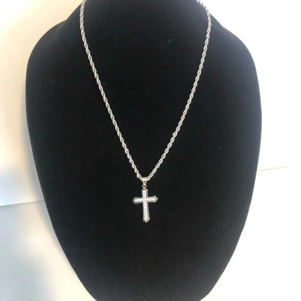 Stainless steel necklace large cubic zirconia cross w/ rope chain